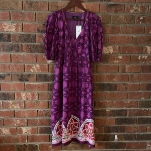 Emily Lovelock Purple Floral Patterned Puff Sleeve Women's Dress